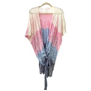 Charming a Charlie Pink White Blue Open Knit Short Sleeve Tie Front Sweater Wrap